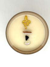 Load image into Gallery viewer, Tobacco Ceremony Candle | Reiki Charged Intention Candle | Soy Lotion Candle with Clear Quartz, Tourmaline &Snake Pendant | Spiritual Growth