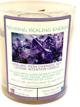 Load image into Gallery viewer, Sending Healing Energy Candle | Reiki Charged Intention Candle |Soy Lotion Candle with Aura Quartz & Cannabis Flower Pendant |Healing Ritual